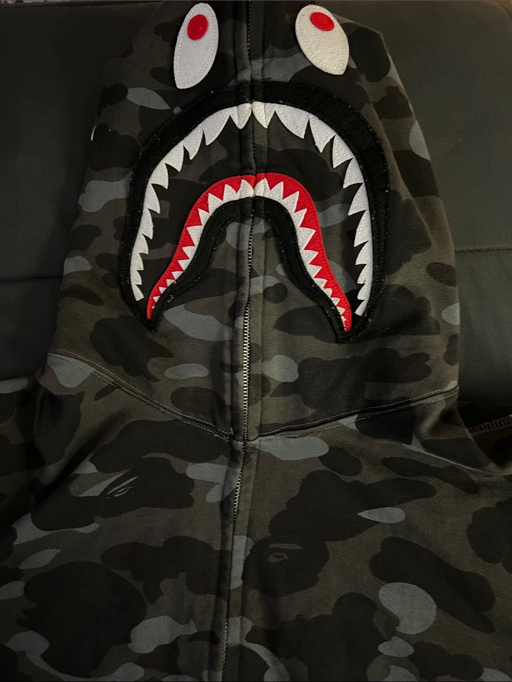 Bape Shark Full-Zip Hoodie in Black/Gray Camo with Red & White Accents